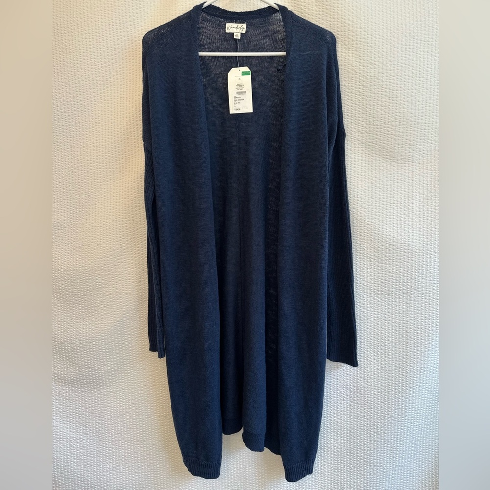 WONDERLY Navy Blue Longline Open Front Cotton Cardigan Sweater Size Small NWT
